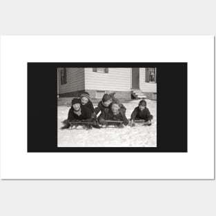 Boys Sledding, 1936. Vintage Photo Posters and Art